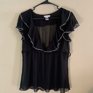 Black Ruffled Sheer Flutter Sleeve Blouse